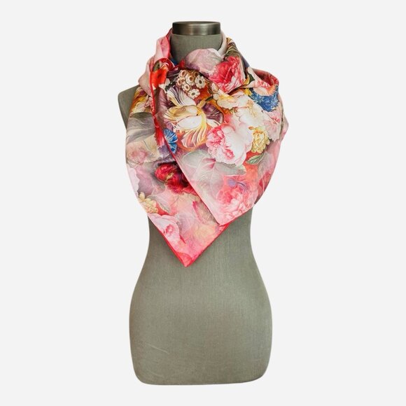 Luxury 100 Percent Silk Scarf Pink Floral Peony Print Long Shawl Wrap 68x20 New - Picture 4 of 7